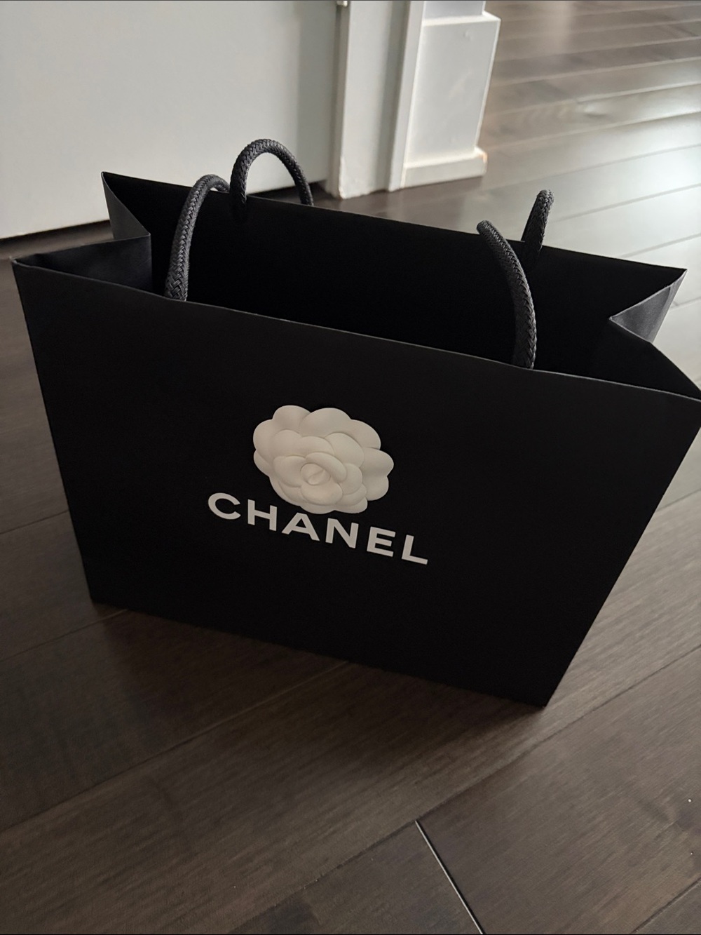 Chanel Black Paper Shopping Bag with White Camellia Logo